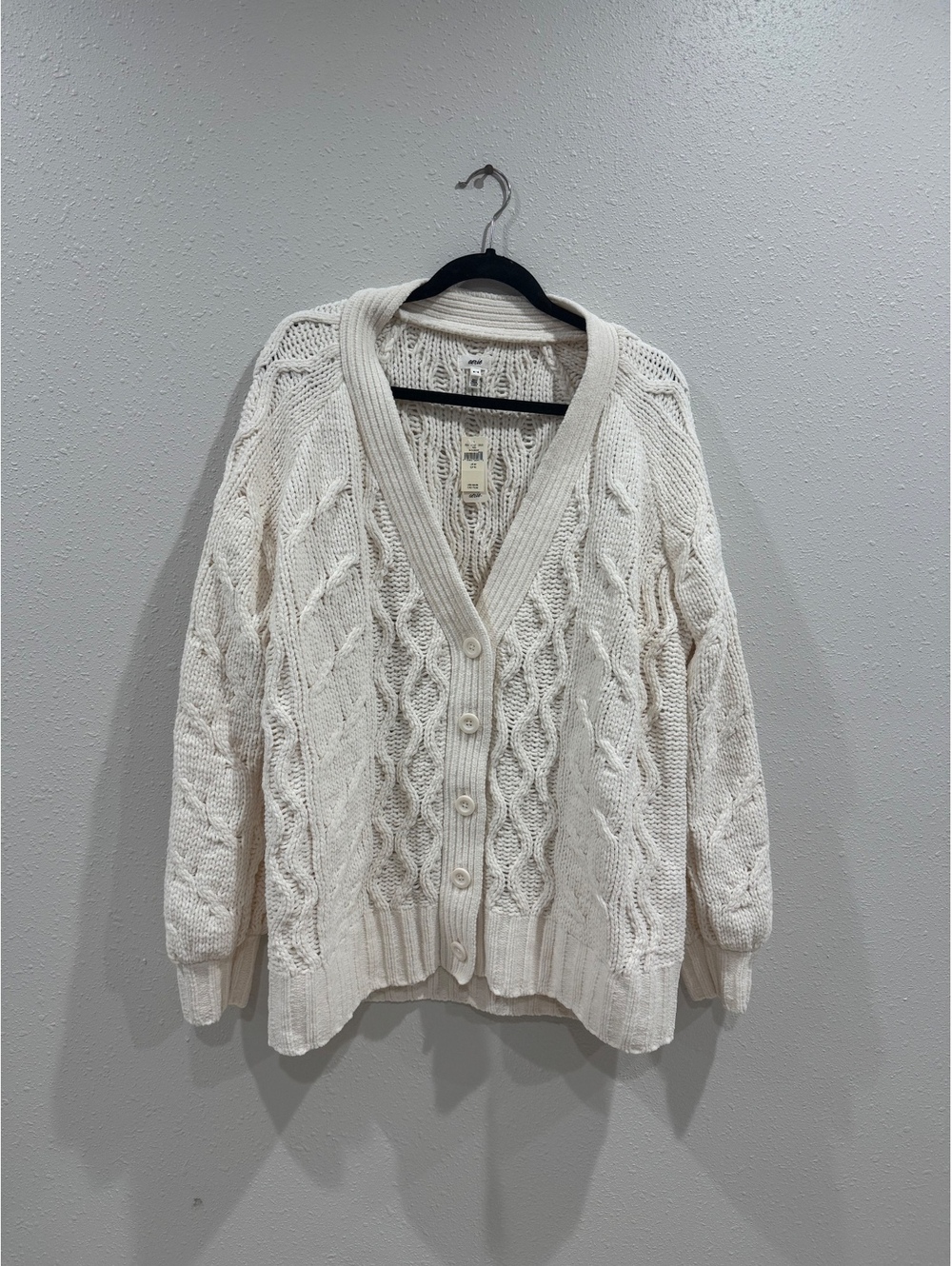 Aerie Oversized Cable Cardigan Natural Cream Chenille Sweater Size M